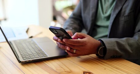 Poster - Hands, cafe and phone with texting for freelancer, financial consultant and communication. Businessman, remote work and graph discussion for feedback, networking or business project at coffee shop