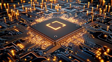 Glowing Orange Circuit Board with Central Processor