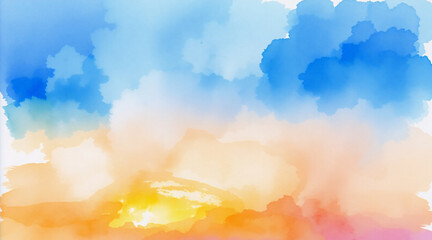 Wall Mural - soft watercolor painting of a dreamy sky and ground with blue, orange, yellow, pink colors blending 