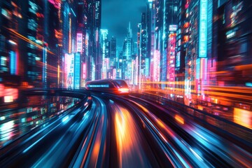 Poster - Futuristic high-speed train gliding through vibrant cyberpunk city at night with neon reflections and dynamic motion blur