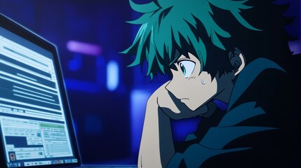 Anime character focused on laptop screen, coding, digital world concept