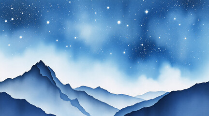 Wall Mural - serene blue mountain silhouettes stretch under a starlit night sky with a soft, misty atmosphere. ca