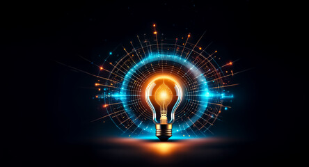 Wall Mural - a luminous lightbulb emits a radiant glow, encircled by concentric rings of vibrant light against a 