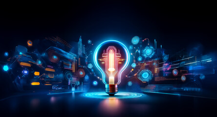 Wall Mural - glowing light bulb illuminates digital circuit patterns in blue and orange hues. abstract technology