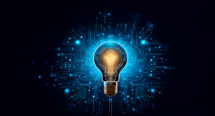 Wall Mural - illuminated lightbulb with blue circuit pattern and dots on dark backdrop. represents innovation, te