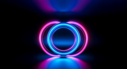 Wall Mural - neon pink and blue rings glow brightly, reflecting on a dark surface. abstract circles create a vibr