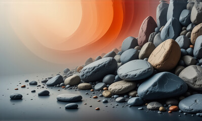 Poster - Smooth, varied rocks in grey, beige, and brown tones are scattered on a dark surface with a blurry orange and white gradient background.