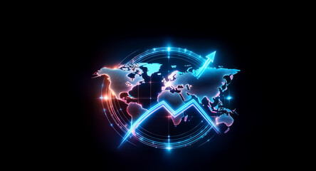 Wall Mural - glowing digital world map with a dynamic graph line trending upward. futuristic design with blue and