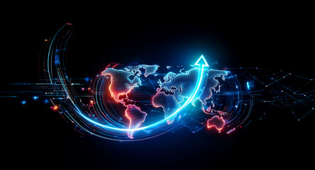 Wall Mural - illuminated arrow curves over a world map, symbolizing global expansion and digital network on a dar
