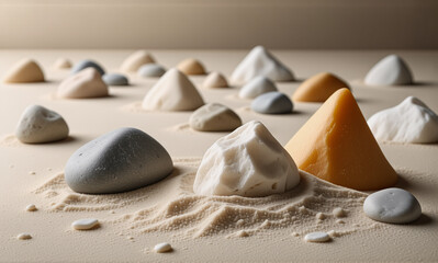 Aufkleber - Various shaped objects in neutral tones are arranged on a textured sandy surface. The composition includes pyramid and rounded forms, creating a minimalistic, natural scene.