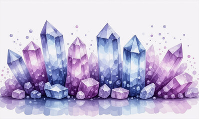 Aufkleber - Watercolor style illustration of purple and blue crystals clustered together. Soft, delicate and beautiful gem stones formation.