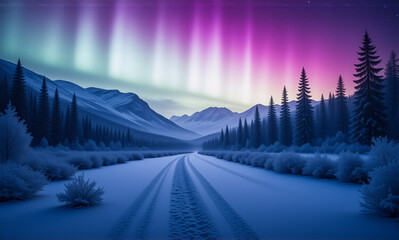 Poster - Snowy winter scene with a vibrant aurora borealis illuminating the night sky.  A road leads through a mountain landscape lined with snow covered trees.