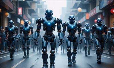 Poster - Futuristic robots march down a city street in a synchronized manner, amongst a blurred crowd of people in the background.