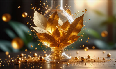 Fototapete - Golden leaves elegantly arranged in a clear vase, surrounded by shiny golden spheres on a wooden surface with a soft, blurred background.