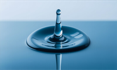 Leinwandbilder - A droplet of liquid falls onto a smooth surface, creating a splash and concentric ripples in the blue water. The impact forms a column and reflects on the surface below.