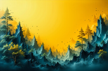 Aufkleber - Ethereal mountain landscape featuring blue and green peaks adorned with pine trees, set against a vibrant yellow gradient sky. Dreamy scenic view.