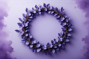 Poster - Delicate purple leaf wreath on a soft violet backdrop. Botanical circle with branches and leaves. Centered floral arrangement on a plain purple surface.