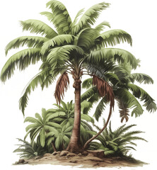Tropical palm tree grove with multiple coconut palms and lush vegetation, detailed botanical illustration for paradise and resort themes