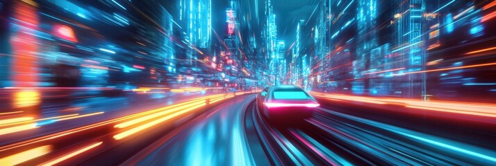 Poster - Futuristic train races through a neon cityscape filled with vibrant lights and motion blur at night, creating a striking cyberpunk atmosphere