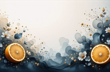 Aufkleber - Elegant design with orange halves, white flowers, and blue leaf-like shapes on a light background. Decorative botanical style with soft, watercolor textures and a calming aesthetic.