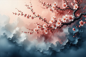 Poster - Delicate pink blossoms adorn branches against a dreamy gradient backdrop. Soft hues of peach, pink, and blue create a tranquil, artistic spring scene.