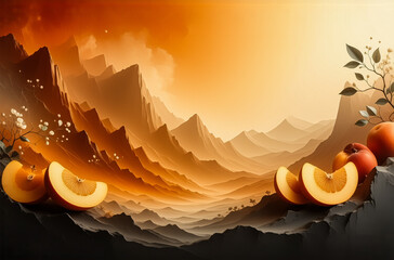 Aufkleber - A scenic landscape featuring layered orange mountains in a gradient color palette, resembling an abstract dreamlike vista. Sliced oranges are placed on a dark rocky ledge in the foreground, adding a t
