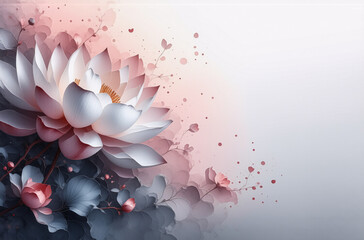 Poster - Elegant blooming lotus flower with soft pink and white petals and leaves. Gentle and artistic floral design, beautiful and delicate.