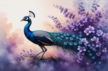 Poster - Elegant peacock with vibrant blue and green plumage, is walking near delicate purple flowers. Soft, dreamy background with a serene atmosphere.