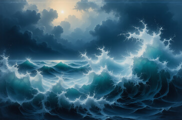 Aufkleber - A turbulent sea churns with powerful waves as dark storm clouds fill the sky, illuminated by a bright sun breaking through the dramatic atmosphere.