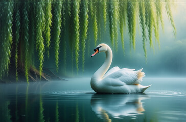 Poster - A graceful white swan glides on a tranquil lake under weeping willow branches. Fog softens the background, creating a serene and peaceful water scene.