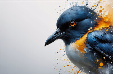 Aufkleber - A vibrant blue and orange bird portrait, painted in a splash art style against a soft background. The bird is detailed with expressive eyes, blending realism and abstract elements.