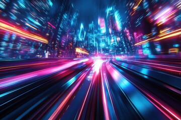 Poster - Futuristic train speeds through glowing cyberpunk city filled with vibrant neon lights and dynamic motion