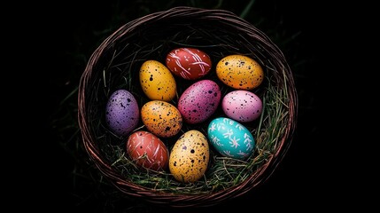 Wall Mural - A nest of colorful speckled eggs resting in green grass