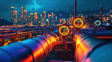 Poster - Glowing fuel tank with neon-lit pipes and gauges against vibrant city skyline at night