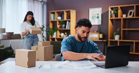 Poster - Stress, paperwork and ecommerce with couple in home for startup, invoice documents or mistake. Refund policy, anxiety and delivery delay with frustrated man, woman and dropshipping for small business