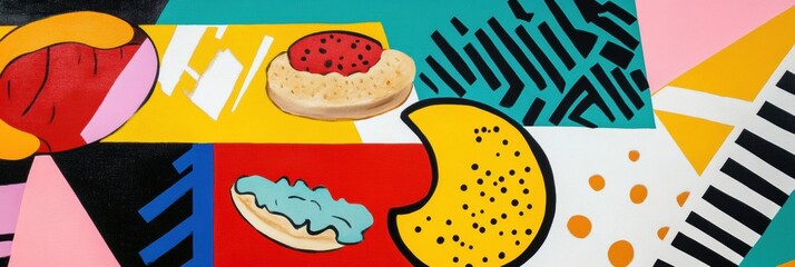 Poster - Memphis-style pop-art background with colorful abstract food shapes and geometric elements