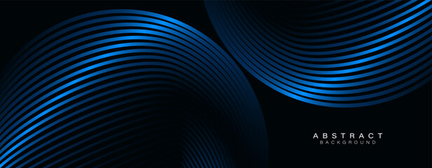 Wall Mural - dark abstract background. glossy curved lines. shiny blue metallic gradient stripes. modern futurist
