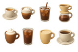 3d coffee icons: cappuccino, espresso, iced coffee, drip, latte, mocha, macchiato, americano