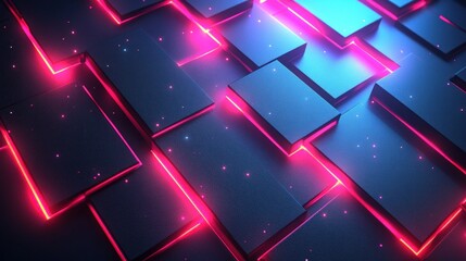 Wall Mural - glowing, angled blocks in pink and blue neon light