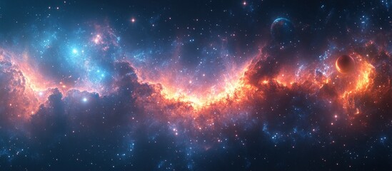 Wall Mural - fiery nebula with blue and orange hues, cosmic dust, and distant planets