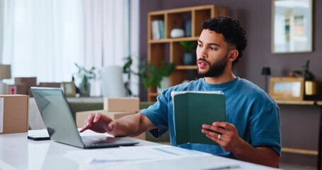 Poster - Shipping, tablet and man on laptop for small business, order review and comparison in home. Ecommerce, distribution and technology for online sales, stock procurement and freelancer typing email