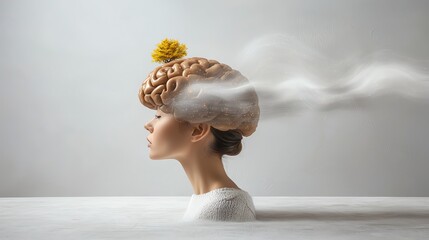 human brain with data streams, symbolizing innovation, flat design with depth, conceptual business idea