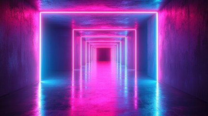 Wall Mural - pink & blue neon lights in a dark, reflective corridor