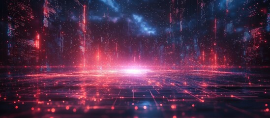 Wall Mural - futuristic digital landscape with glowing grid and red particles