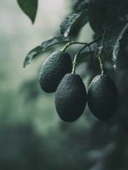 Poster - Ripened avocados hanging on a tree branch in a lush orchard with a soft blurred background