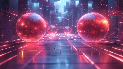Wall Mural - glowing orbs in a futuristic, neon-lit corridor