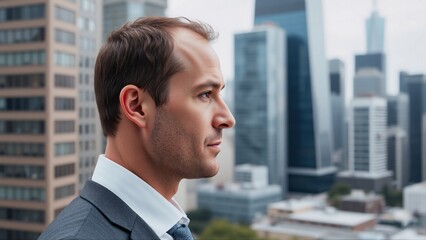 Aufkleber - A man in a suit gazes over a cityscape with tall buildings in the background. He is in profile view, appearing thoughtful and serious in an urban setting.