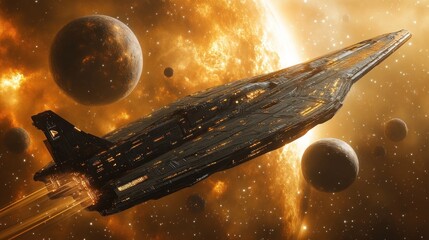 Wall Mural - majestic spaceship navigating fiery nebula, planets
