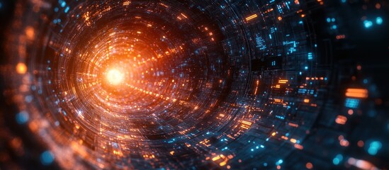 Wall Mural - glowing digital tunnel with vibrant orange and blue lights
