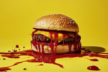 Aufkleber - Massive cheeseburger with ketchup and mustard on bold yellow background showcasing vibrant colors and dramatic lighting